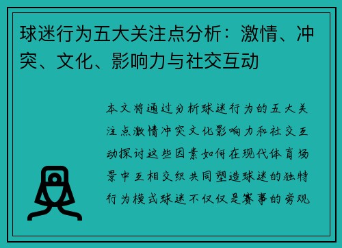 球迷行为五大关注点分析：激情、冲突、文化、影响力与社交互动